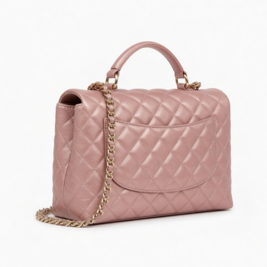 Pink Gold Leather Bag Top Handle Quilted Chain Strap for Women