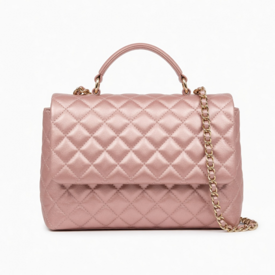 Pink Gold Leather Bag Top Handle Quilted Chain Strap for Women