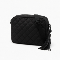 Black Quilted Crossbody Bag Tassel Strap for Women