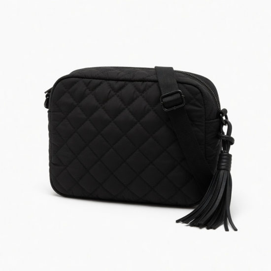 Black Quilted Crossbody Bag Tassel Strap for Women