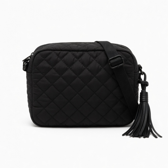 Black Quilted Crossbody Bag Tassel Strap for Women