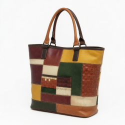 Multicolor Leather Tote Bag Patchwork Woven for Women