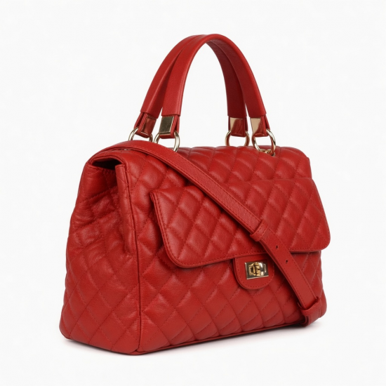 Red Leather Bag Top Handle Quilted for Women