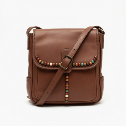 Brown Leather Crossbody Bag Beaded Vintage for Women