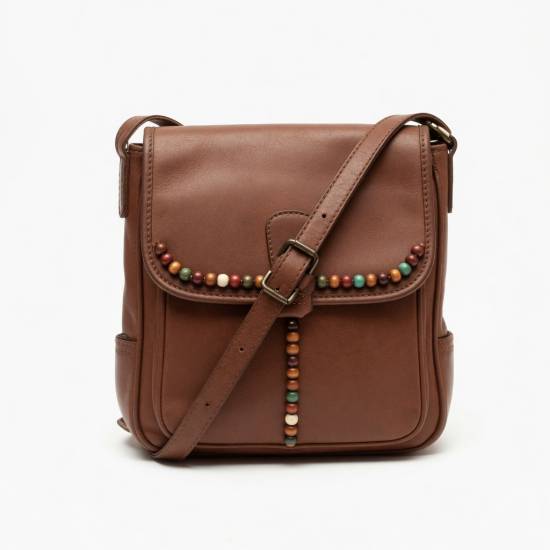 Brown Leather Crossbody Bag Beaded Vintage for Women